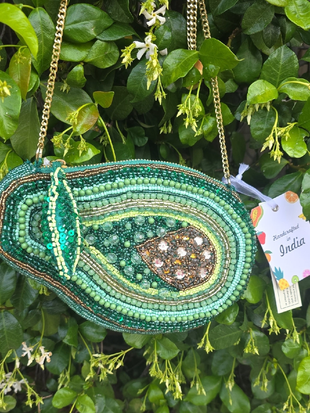 Handcrafted Green Beaded Avocado Crossbody Bag with Gold Chain